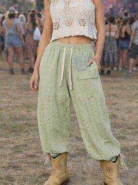 POL Girly Style Boho with Western Flare Eyelet Lace Gauze Drawstring Wide Pants